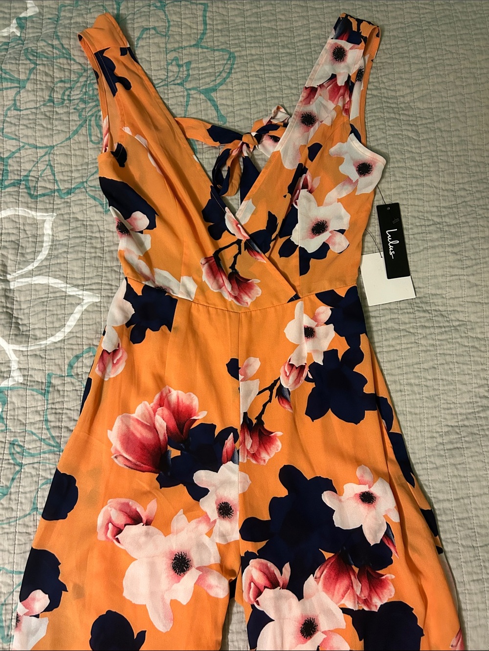 Lulu’s Heart Abloom Orange Floral Print Tie-Back Wide-Leg Jumpsuit